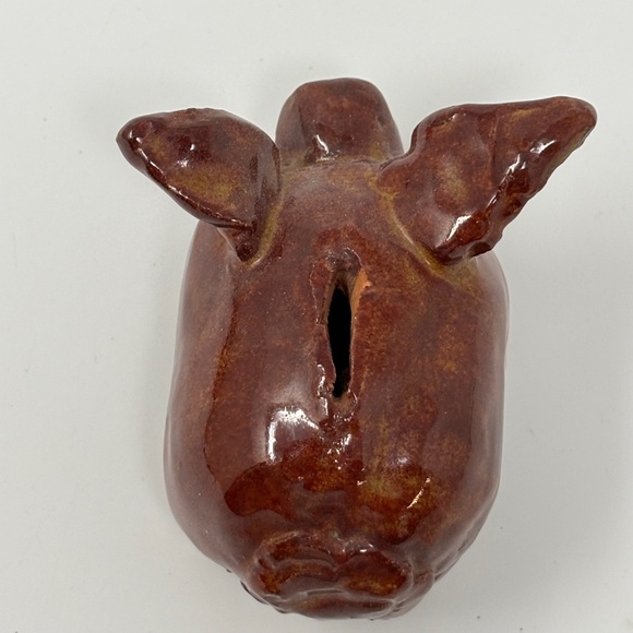 Handmade Pottery Pig Piggy Bank Brown Glaze Big Ears Rustic Folk Art Unmarked - Picture 6 of 8